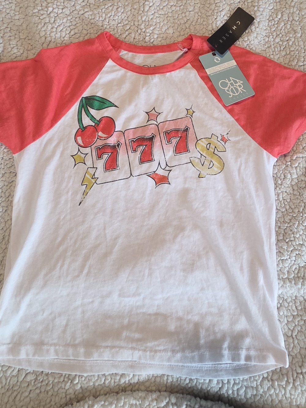 Chaser Women's White & Coral Raglan Tee with 777 Cherry Graphic